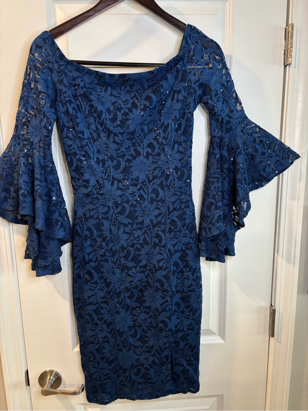 VENUS Navy Blue Lace Off-Shoulder Dress with Ruffled Bell Sleeves